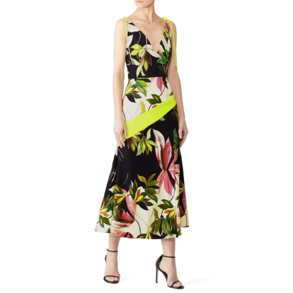 Christian Siriano Hawaiian Print Silk Crepe Tie Strap Maxi Dress